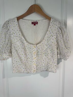 STAUD Cropped Button Front Top Puff Sleeves White Floral 2